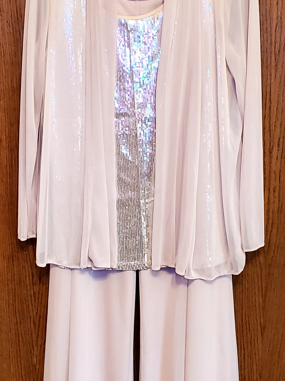 Women's Blush Pantsuit; Chiffon Jacket & Pilazzo Pants & Sequined Cami Sz L